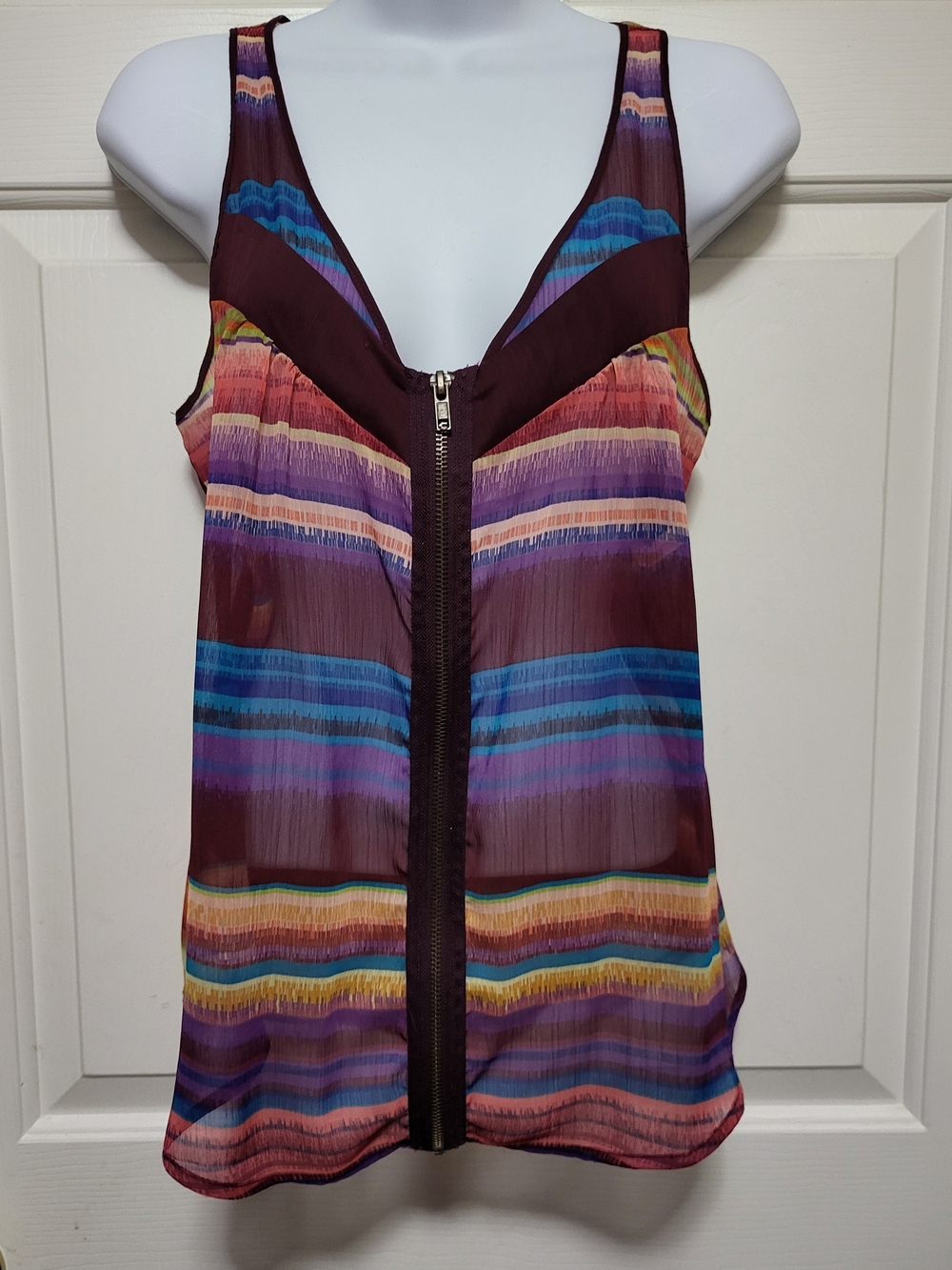 American Rag Burgundy Multicolor Striped Zip-Front Tank